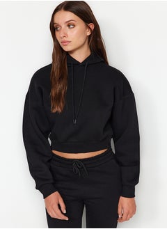 Buy Black Thick Fleece Hooded Relaxed Cut Crop Basic Knitted Sweatshirt TWOAW24SW00105 in Egypt