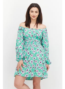 Buy Women Floral Print Casual Mini Dress, Green Combo in UAE