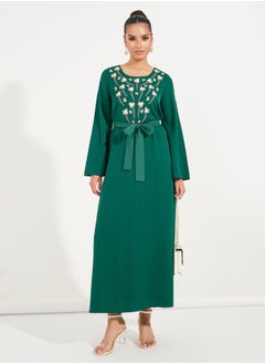 Buy Embroidered Panel Cotton Mix Jalabiya Dress with Tie Belt in Saudi Arabia