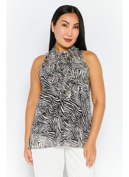 اشتري Women Round Neck Sleeveless Allover Print Top, Black/White في الامارات