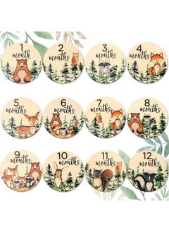 اشتري 12Pcs Woodland Baby Monthly Milestone Cards Milestone Wooden Discs Doublesided Cute Animal Baby First Year Age Announcement Sign For Newborn Baby Photo Props Gift في الامارات