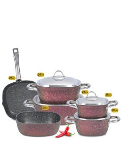 Buy 10 Piece Set Of Kitchenova Cookware, A Healthy Square Kitchen, Made Of Non-Stick Granite 4 Pots (18 - 20 - 24 - 28) + Oven Tray 28 + Grill 26-Red in Egypt