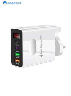 Buy 45W High-Speed 2PD+2USB Charger UK Plug with Digital Display,100-240V 4-Port Wall Charger,Portable Travel Power Adapter High Power Output,4 Hole Position Fast Intelligent Shunt Charging,White in Saudi Arabia