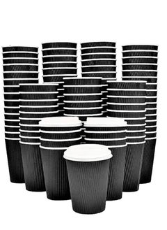 Buy 50-Piece 8 Oz Disposable Black Ripple Cups with White Lids in UAE