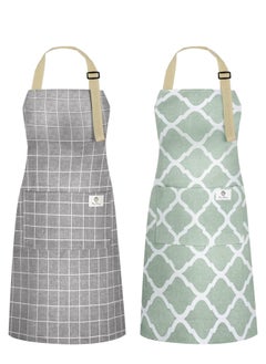 Buy 2 Pieces Cotton Linen Waterproof Cooking Aprons Kitchen Apron with Adjustable Neck Strap and Long Ties Cooking Aprons with Pockets for Women Men Grey Green in Saudi Arabia