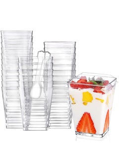 Buy Plastic Dessert Cups with Plastic Lids and Spoons, 50 Pack Square Appetizer Cups Small Clear Plastic Tumbler Cups Set for Party Mini Dessert Puddings Mousse 5 Oz in UAE