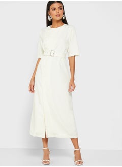 Buy Wrap Front Button Belted Midi Dress in UAE