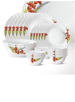 Buy 27 Pieces Opalware Dinner Sets- Microwave & Dishwasher Safe- Red Iris Dinnerware set with Full Plate, Side Plate, Soup Bowl, Vegetable Bowl, Serving Bowl & Rice plate- White in Saudi Arabia