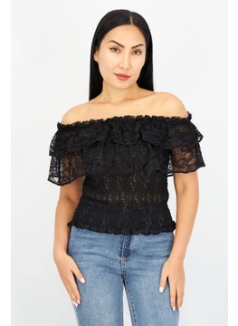 Buy Women Off Shoulder Short Sleeves Eyelet Blouse, Black in UAE