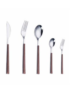اشتري 5-Pieces Silverware Flatware Set with wooden handle Stainless Steel Flatware Cutlery Set for Home and Restaurant Travel Camping Cutlery Knife/Fork/Spoon في الامارات
