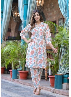 Buy PRIYA'S PANACHE Floral Print Cotton Collared Kurta Pant Co-ord Set in UAE