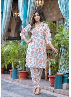 Buy PRIYA'S PANACHE Floral Print Cotton Collared Kurta Pant Co-ord Set in UAE