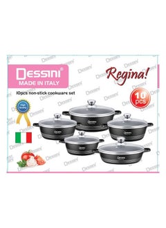 Buy DESSINI 10-Piece Non-Stick Cookware Set Black 1 x Casserole (20), Casserole (24), Casserole (28), Casserole (32), Shallow Casserole (28)cm Black in UAE