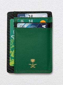 اشتري محفظة كروت جلد أخضر بشعار السعودية السيفين والنخلة باللون الذهبي في السعودية