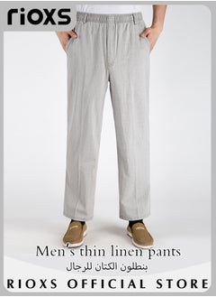 Buy Men's Casual Linen Pants High Waist Elastic Waist Long Pants Soft and Breathable Straight Pants With 4 Pockets in UAE