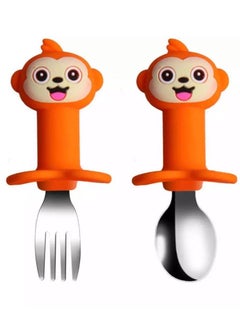 Buy Brain Giggles Short Handle Stainless Steel Baby Training Fork & Spoon Set - Monkey in UAE