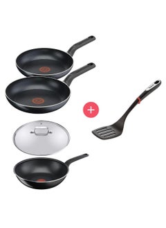 Buy Tefal Issencia Pan Set 5 Pieces 28/32cm fry pan + 28cm Wok Pan Non Stick Frying Pan With Glass lid 28cm and Slotted Spatula Integrated Thermo Spot Temperature Control Ergonomic Thermoplastic Handle in UAE