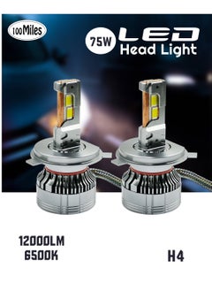 اشتري Ultra-Bright H4 LED Car Headlight with Efficient Cooling System, 75W, 12000LM, 6500K White Head Light - 100-Miles في السعودية