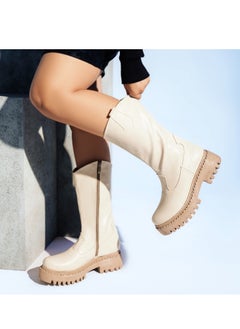 Buy Boot Mid-Calf Leather With Zipper LB-33 - Beige in Egypt