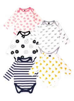 اشتري Kidbea 100% Organic cotton baby Pack of 5 onesies Unisex | Strips - Blue, Heart, Donut, Pizza & Elephant في الامارات