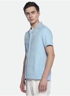 Buy Relaxed Fit Blue Seersucker Popcorn Shirt Cuban Collar in UAE