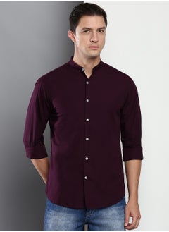 Buy Men's Cotton Solid Mandarin Collar Slim Fit Casual Shirt (CC201_Purple, S) in UAE