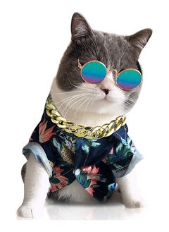 Buy Cool Cat Dog Costume Fashion Metal, Pet Collar Sunglasses with Pineapple Print Shirt for Cats and Small Dogs, Adjustable Gold Puppy Chain in UAE