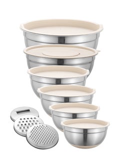 Buy Mixing Bowls with Airtight Lids Set, 15 PCS Stainless Steel Khaki Bowls with Grater Attachments, Non-Slip Bottoms & Kitchen Gadgets Set, Size 18/20/22/24/26/28CM, Great for Mixing & Serving in Saudi Arabia