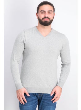 Buy Men Solid V-neck Cotton Sweater, Grey in UAE