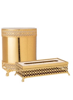 Buy A set of metal wastebasket and tissue box with golden decor for an elegant and modern home in Saudi Arabia