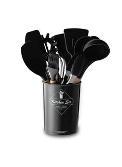 Buy 11-Piece Silicone Utensil Set with Wooden Base Elegant & Durable black in Egypt