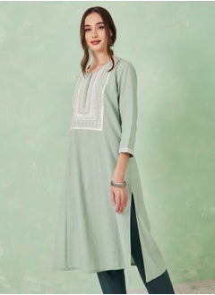 Buy Cotton Embroidered Kurta with Side Slit in Saudi Arabia