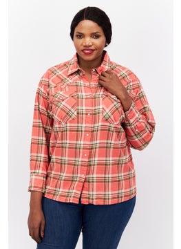 Buy Women Plus Size Spread Neck Long Sleeves Checkered Top, Pink in UAE