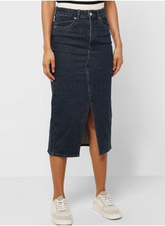 Buy High Waist Front Slit Denim Skirt in UAE