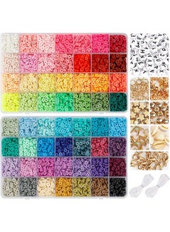 Buy 14420 Clay Diy Beads for Bracelet Making Kit, 56 Colors Spaced Black Stone Beads Flat Round Polymer Clay Beads with Charm Kit and Elastic String in Saudi Arabia