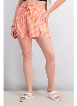 Buy Women Elastic Waist Gingham Bambula Shorts, Orange Combo in Saudi Arabia