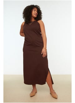 Buy Dark Brown Shift Crew Neck Slit Knitted Dress TBBSS22AH0162 in Egypt