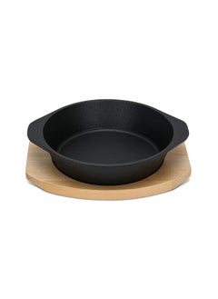 Buy Cast Iron with Tray 19x4.7cm, Sizzling Plate with Two Side Handles And Wooden Tray, Sizzler, Great For Seafoods, Vegetables And Grill Foods in UAE