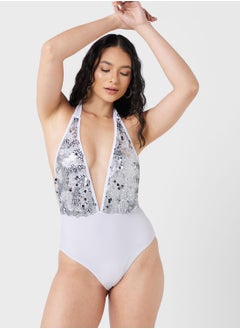 Buy Halter Neck Cut Out Printed Swimsuit in UAE