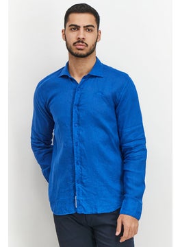 Buy Men Regular Fit Embroidered Logo Long Sleeve Casual Shirt, Blue in Saudi Arabia