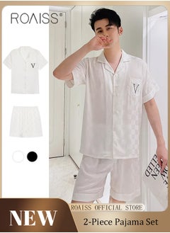 اشتري 2-Piece Set Men's Short Sleeves Pajamas Pants Sleepwear Sets Satin Grid Printing Silk Nightgown Male Loose Shirts Spring Summer Thin Loungewear Home Clothes White في الامارات