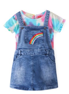 اشتري Babyhug Cotton Knit Half Sleeves T-Shirt & Denim Frock Rainbow Tie & Die - Blue(9-24m&2-5Y) في الامارات