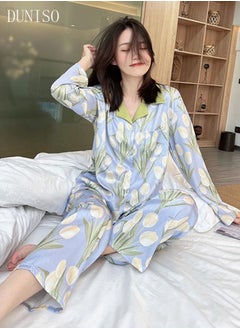 اشتري 2- Piece Women's Soft Pajamas Set Long Sleeve Silky Pajama Set with Floral Print Sleepwear Loungewear Button-Down Night Suit Pajama Sets Spring and Autumn Night Wear في السعودية