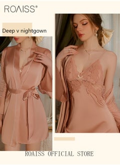 اشتري 2-Piece Set of Women Pajamas with V-Neck Design Women Home Wear Set Same Color Outer Robe and Lace Element Nightgown في الامارات