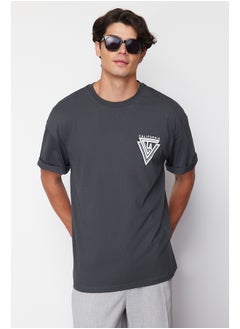 Buy Anthracite Oversize/Wide Cut Crew Neck City Printed 100% Cotton T-Shirt TMNSS20TS1102 in Egypt