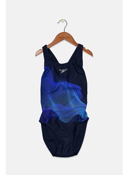 Buy Women Brand Logo Sleeveless Non Padded One Piece Swimsuit, Navy Blue in Saudi Arabia