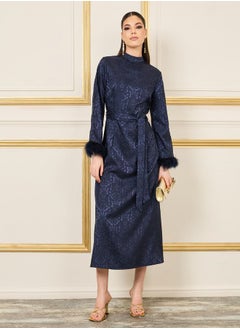 اشتري Jacquard Faux Fur Trim Sleeves High Neck Midi Dress with Self Tie Up في السعودية