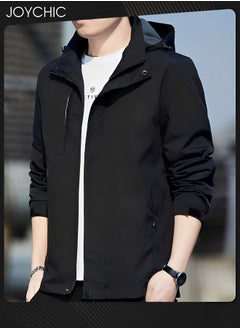 اشتري Solid Pattern Autumn and Winter Men's Jacket Hooded Casual Sports Windproof Zipper Coat with Cap Outdoor Black في الامارات