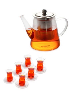 اشتري Glass TeaPot Set - 800ML / 27OZ Borrosilicate Glass Tea Kettle with 6 Turkish Tea cups and Saucers, Teapot with Infuser, Stovetop Safe, Tea Pot for Blooming Loose Leaf Tea, Tea Maker في الامارات