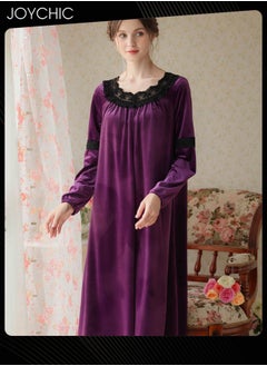 اشتري Long-sleeved Nightgown for Women Winter Palace Style Long Home Dress Gold Velvet Fabric Warm Pajamas Ladies Loose Loungewear Purple في السعودية